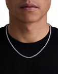 Model wearing 3mm white gold tennis necklace by Iceman Society, front view