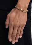 Model wearing 8mm 18K gold plain cuban chain set by Iceman Society, side view